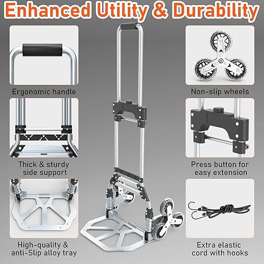 Stair Climbing Cart, 220 LBS Aluminum Stair Climber Dolly, Heavy Duty Folding - Image 4