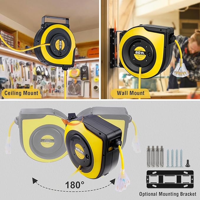 SURAIELEC 12 Gauge Extension Cord Reel, 60 FT Retractable Extension Cord - Image 4