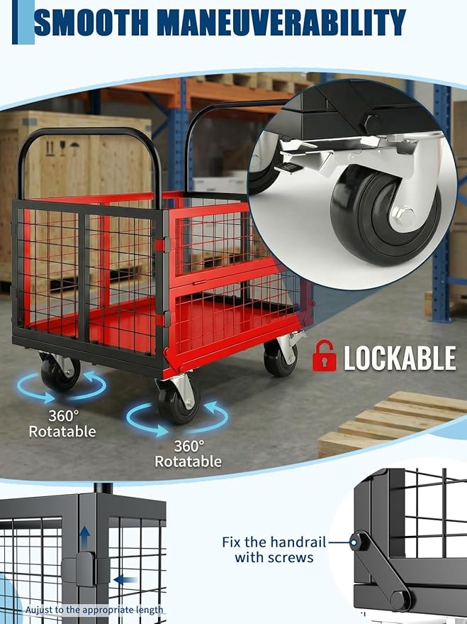 Platform Truck Cart with Cage, 6-in-1 Multi-Purpose Flatbed Cart, Foldable Hand - Image 4