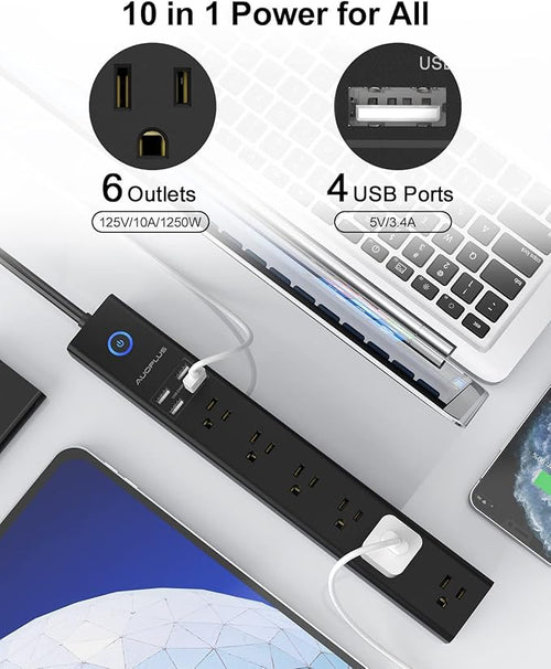 15 Ft Power Strip Surge Protector, 6 Outlets and 4 USB Ports, Flat Plug Power - Image 2