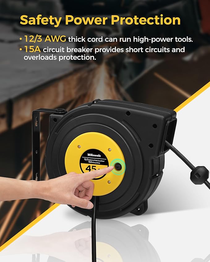 Retractable Extension Cord Reel, 45 FT Heavy Duty Power Cord, 12AWG/3C SJTOW - Image 6