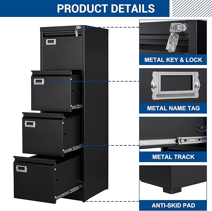 File Cabinet - 4 Drawers Vertical 17.8" Deep Lockable Filing Cabinet Black - Image 6