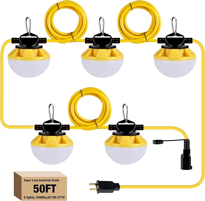 50FT Construction String Lights, IP65 Waterproof ETL Certified LED String Work by GGJIA