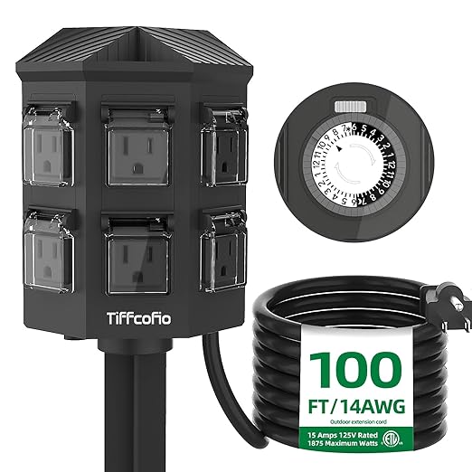 TiFFCOFiO Outdoor Power Strip Waterproof, 24 Hour Mechanical Timer, 6 ft by TiFFCOFiO