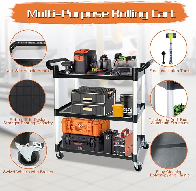 Utility Carts with Wheels, 3-Tier Rolling Cart with Wheels, Heavy Duty 510 LBS - Image 3