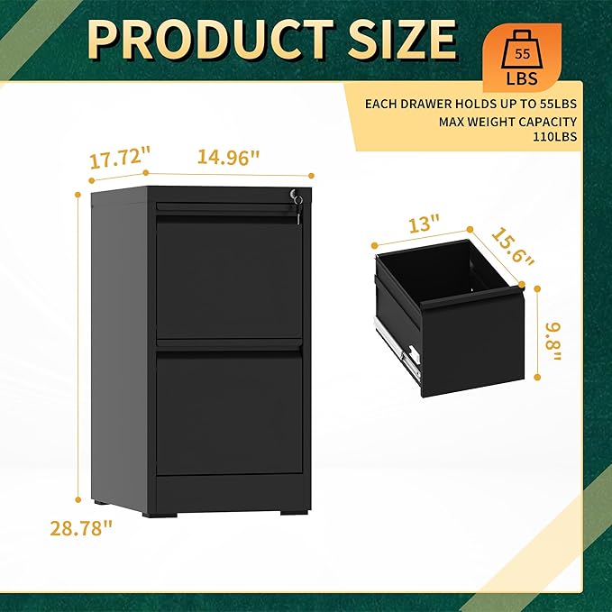 2 Drawer File Cabinet with Lock, Steel Vertical Filing Storage Cabinet - Image 3