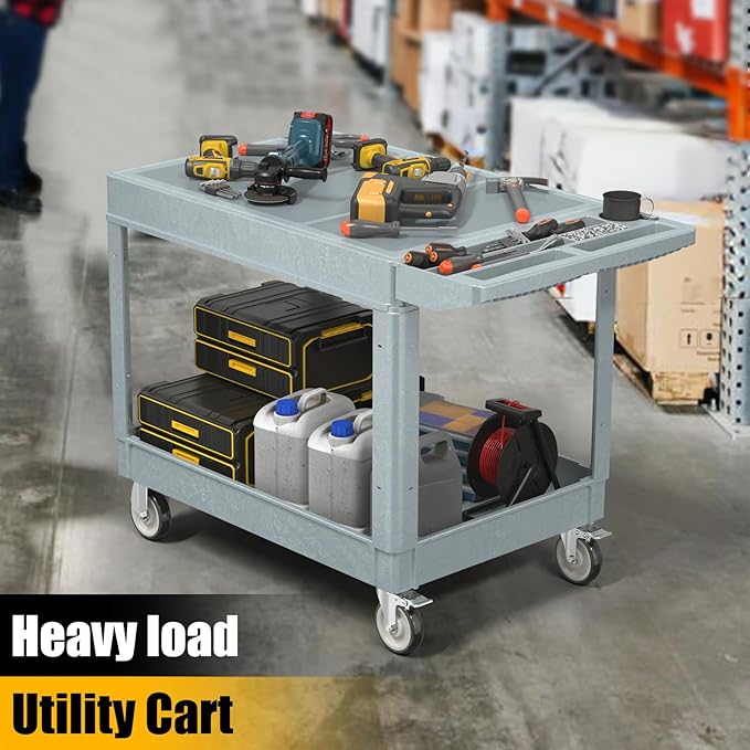 2 Tier Rolling Utility Cart on Wheels, 550 lbs Capacity Flat Top Plastic - Image 3