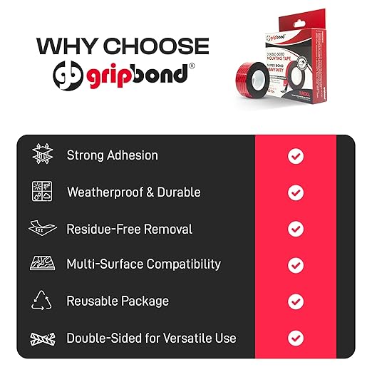 GripBond Black Super Bond Heavy Duty Double Sided Tape, 1 Roll, 1.2” x 220” – - Image 4