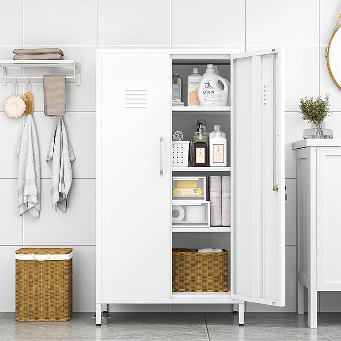 White Metal Locker Cabinet, Vertical Steel Storage Cabinet - Image 2