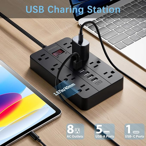 15 Ft Long Extension Cord Power Strip Surge Protector, HUNIAN Flat Plug - Image 2