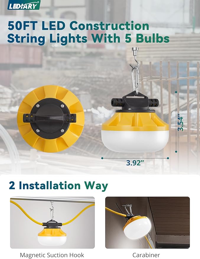 LEDIARY 50FT LED Construction String Lights, 50W 5000LM String Work Light - Image 3