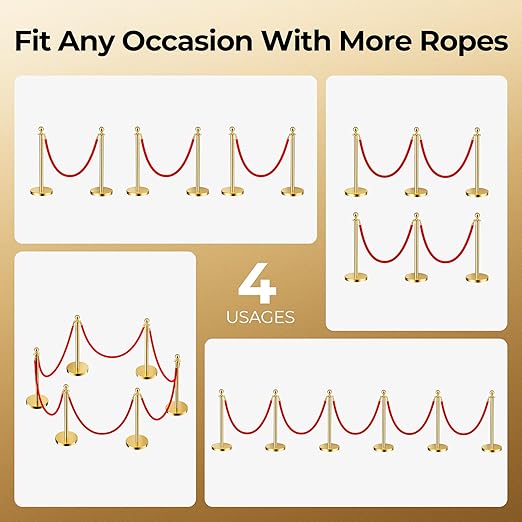 6pcs Sturdy Gold Stanchion Posts and 6pcs High Quality Red Carpet Velvet Ropes - Image 2