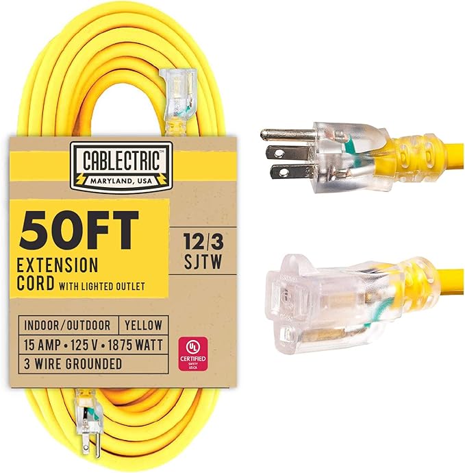 12 Gauge Outdoor Extension Cord 50 ft, 12/3 Heavy Duty Extension Cord 3 Prong by Cablectric