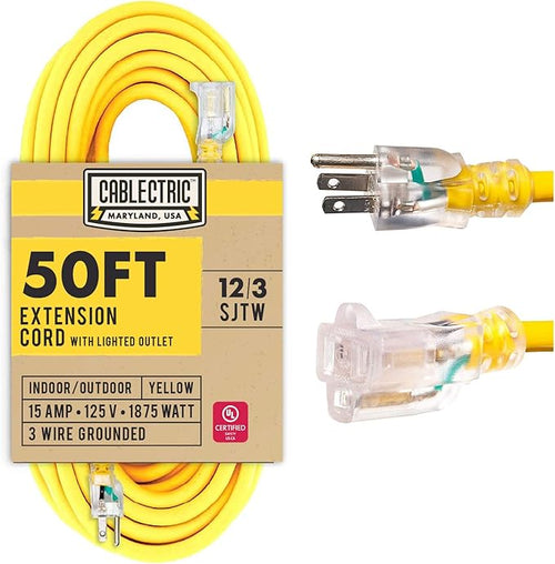 12 Gauge Outdoor Extension Cord 50 ft, 12/3 Heavy Duty Extension Cord 3 Prong by Cablectric