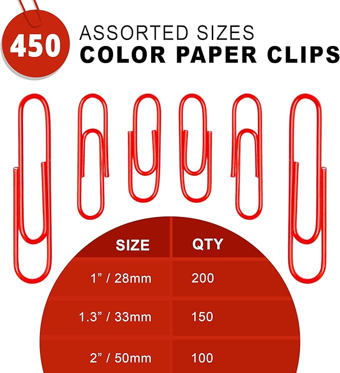 450 Red Color Paper Clips Assorted Sizes Small, Medium and Large Paper Clips - Image 2