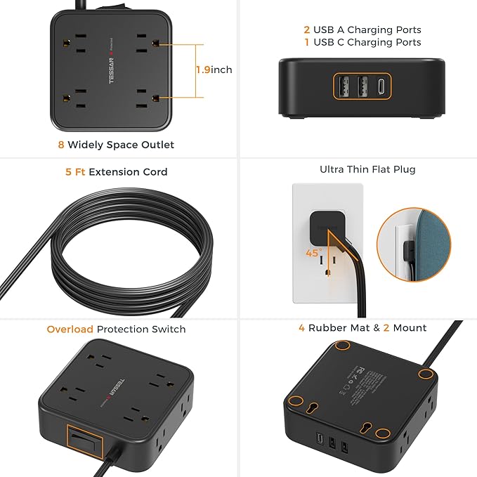 TESSAN Surge Protector Power Strip Black, 5 Ft Flat Plug Extension Cord - Image 7
