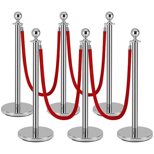 Silver Stanchion Post for Red Carpet, 6 Pack Stanchions and 4pcs Red Velvet by Berverra