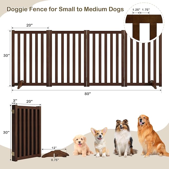 30" Height Tall Freestanding Pet Gate, Solid Wood Folding Safety Fence Wooden - Image 3