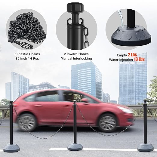 6-Set Pack 40" inch Black Work Zone Chain Post Set, Traffic Queue Delineator - Image 3
