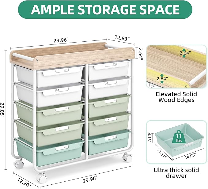 10 Drawers Rolling Cart with Wooden Tabletop, Utility Storage Cart with Wheels - Image 3