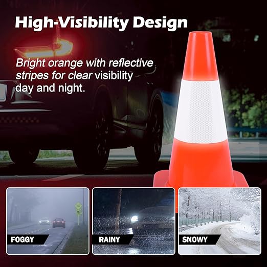8 Pack 18 Inch Orange PVC Traffic Cones Black Base Stable Durable, Parking Lot - Image 4