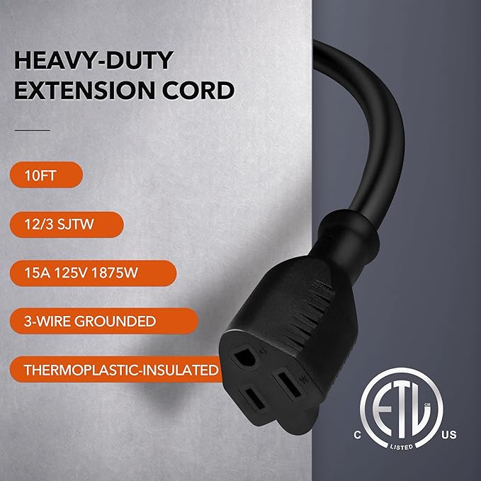 BN-LINK 10ft Outdoor Extension Cord, 12/3 SJTW Heavy Duty Power Cord, 3-Prong - Image 2