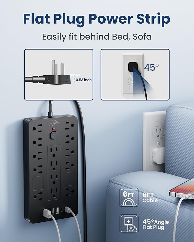 Surge Protector Power Strip-14 Outlets and 6 USB Ports, 6 Feet Flat Plug - Image 5