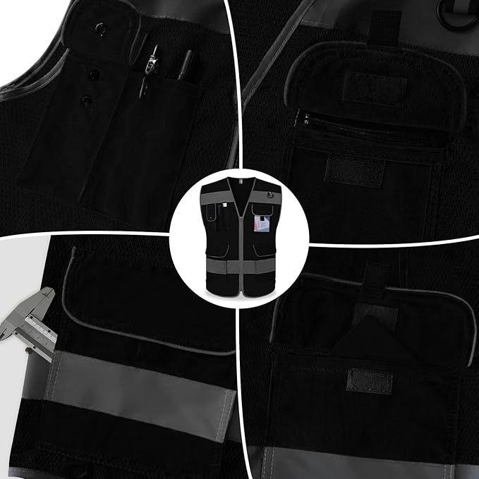 TCCFCCT Mesh Black Safety Vest for Men Women 9 Pockets High Visibility - Image 4
