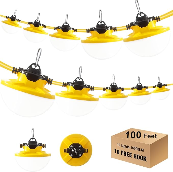 100FT Construction String Light 130W 16000Lm, 5000K Industrial Grade LED String by JC-LGL