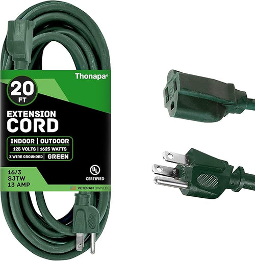 13 Amp Outdoor Extension Cord 20 ft, 16/3 SJTW 20ft Green Extension Cord 3 Prong by Thonapa