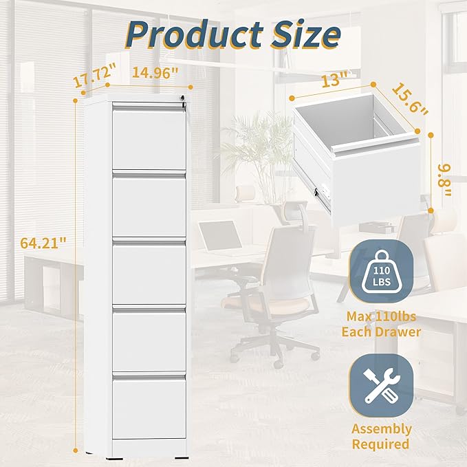 5 Drawer File Cabinet with Lock, Vertical Filing Cabinets - Image 3