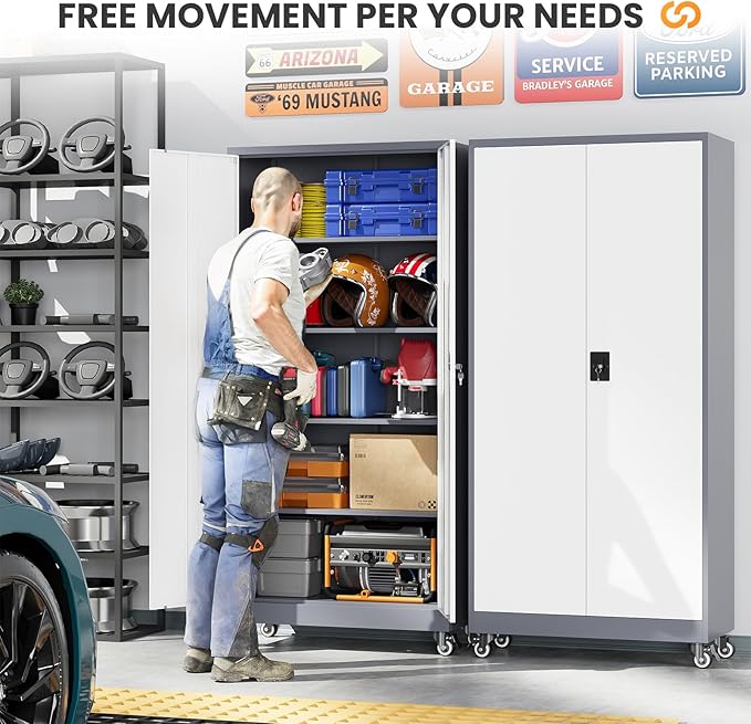 Garage Cabinet with Wheels and Adjustable Shelves, Metal Garage Storage - Image 3