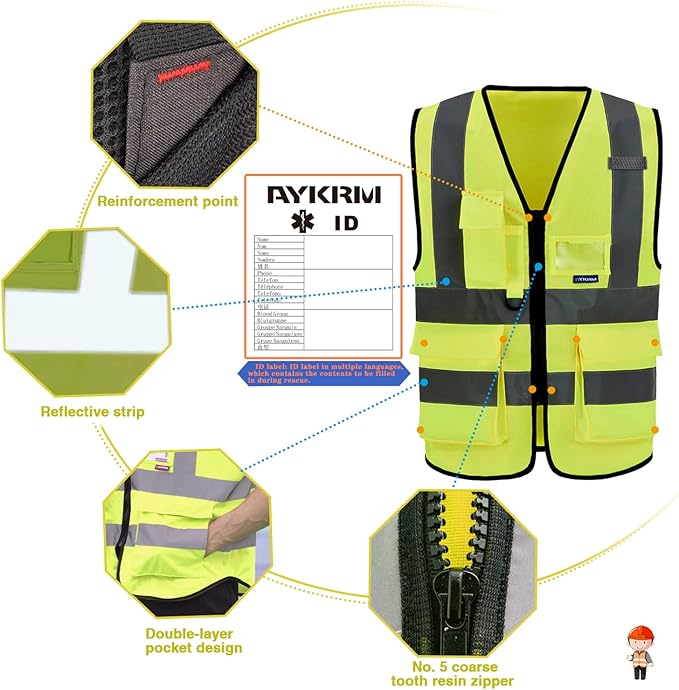 X Small High visibility vest, Reflective Safety Vest Workwear 7 Pockets Hi Vis - Image 3