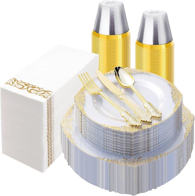 350PCS Clear Gold Plastic Plates by Bestluck