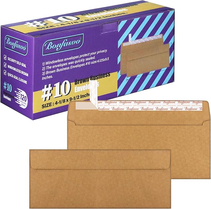 120 Pack #10 Brown Kraft Security Envelopes 4-1/8 x 9-1/2 inches Self Seal by Bonfasvo