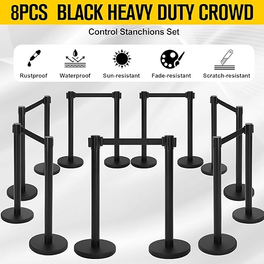 Therwen 8 Pcs Stanchions with 8.2 ft Retractable Belt Black Crowd Control - Image 4