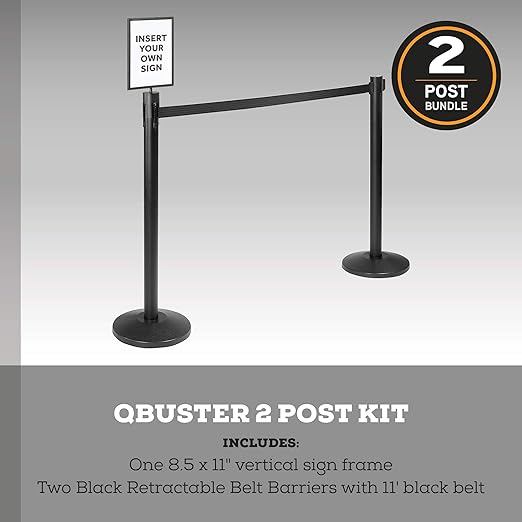 Qbuster Black Stanchions with Retractable Belt, Crowd Control Safety Barrier - Image 2