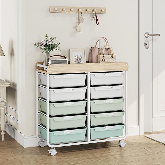 10 Drawers Rolling Cart with Wooden Tabletop, Utility Storage Cart with Wheels - Image 7