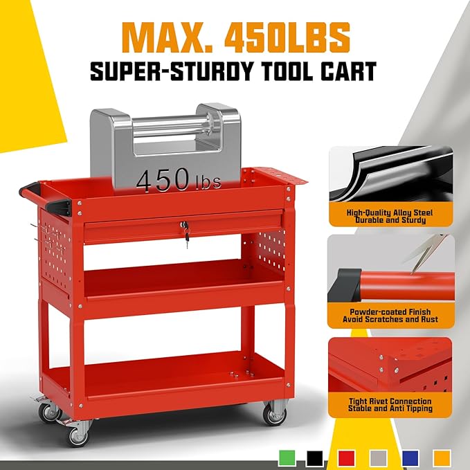 3 Tier Rolling Tool Cart on Wheels, 450 LBS Capacity Tool Cart - Image 4