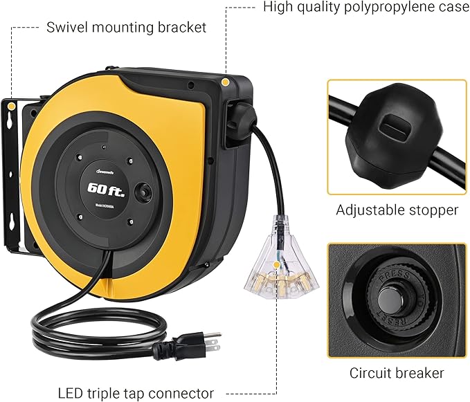DEWENWILS Retractable Cord Reel, 60 FT Heavy Duty Extension Cord, 12AWG/3C SJTOW - Image 5