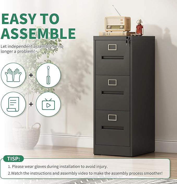 Black Metal File Cabinet with 3 Drawer, Vertical File Cabinet with Lock - Image 7