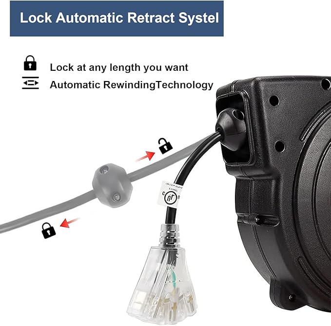 Retractable Extension Cord Reel, 65 Feet 12 AWG/3C SJTOW Heavy Duty Power Cord - Image 3