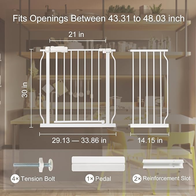 Baby Gate for Stairs No Drill 43.31-48.03 Inch, Pressure Mounted Metal Child - Image 2
