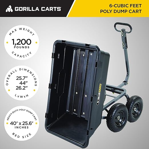 Gorilla Carts Heavy-Duty Poly Yard Dump Cart, 6 Cu Ft Tub, 1200 lb Haul Capacity - Image 3