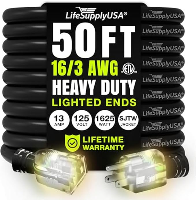50ft Outdoor/Indoor Extension Cord 16/3 Gauge Heavy Duty 3 Prong SJTW, by LifeSupplyUSA