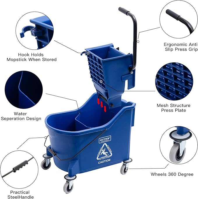 Matthew Cleaning Blue 44Quart Commercial Mop Bucket INCL.Wet String Mop& 19'' - Image 3