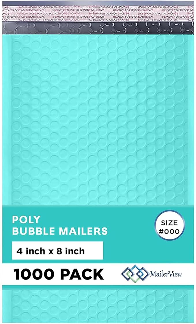Teal Small Bubble Mailers 4x8 Inch #000 | Thick Padded Poly Bubble Mailer by MAILERVIEW