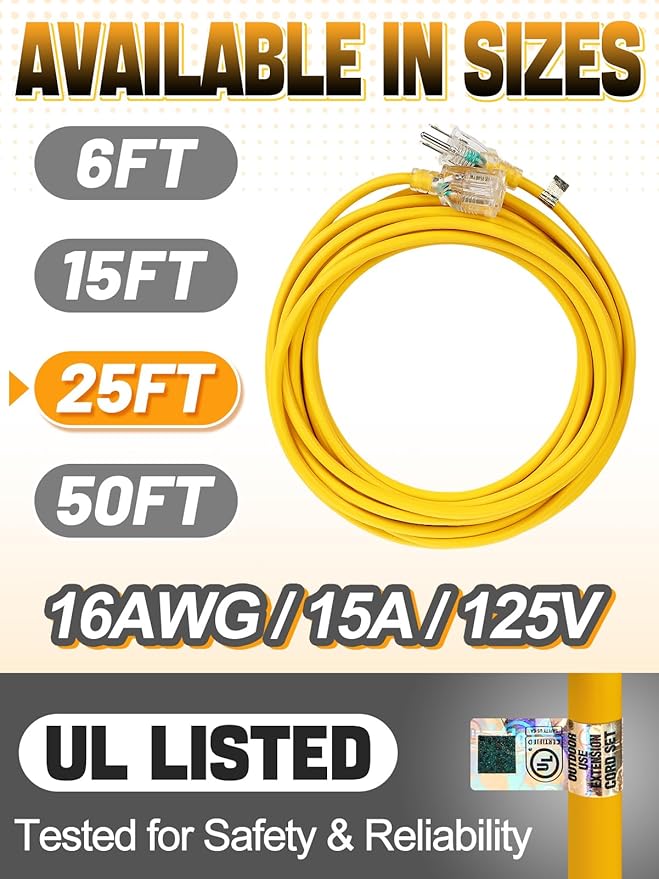 Lighted End Heavy Duty Outdoor Extension Cord Waterproof -16AWG, 3 Prong - Image 5