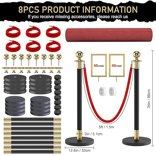 kaiyomi 8Pcs Stanchions Posts Velvet Ropes - Image 2