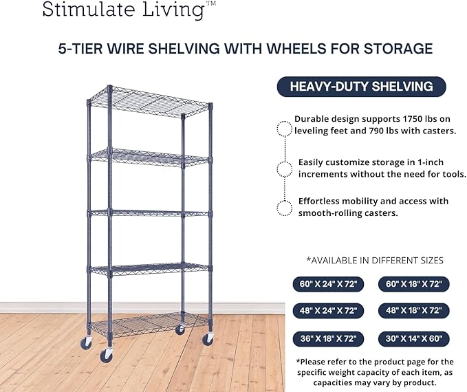 30"x14"x60" PRIME HEAVY DUTY Black 5-Tier Wire Shelving 1, 750 LBS MAX Capacity - Image 6
